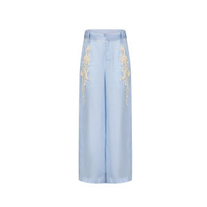 XIAOLI | Spring Summer Rope Embroidery Shell Ornament Linen Long Sleeve Shirt Blue