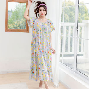 Korean Style plus Size Artificial Cotton Silk Sleep Dress Short Sleeve Extended Length Womens Nightgown Summer Home Clothes