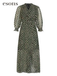 Esons Love Spring Autumn Womens Long Sleeve Printed Dress Knee-Length Casual Style Pure Color H-Shape Mid-Length Dress