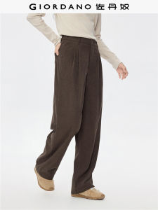 Giordano Womens Casual Corduroy Pants Vintage Pleated Mid-Waist Wide Leg Straight Cut Polyester Fiber Zipper Closure Daily Wear