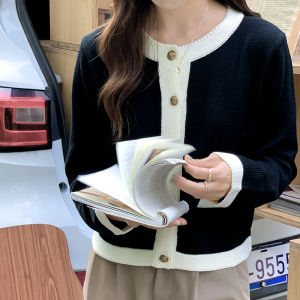 Color Block Knit Sweater Short Coat Spring Autumn Fashion Lady Style High End Feeling French Style Top Womens Premium Wool Blend