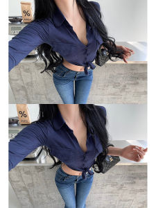Younggirlday Han Manchun Wants Lapel Single Breasted Shoelace Waist Trimming Short Crop Top 3/4 Sleeve Shirt Tops