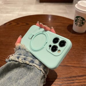 Liquid Silicone Magnetic Absorption Stand Phone Case for Apple 15Pro Max iPhone 14 Full Cover Precision Holes Simple Solid Color
