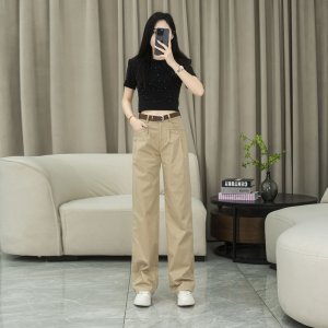 Khaki Slim Wide Leg Pants Womens High Waist Loose Casual Pure Cotton Thin Straight Tube Pants Spring Autumn New Style