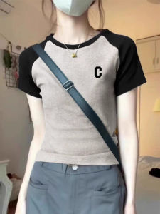 Retro American Color Block Short Sleeve T-Shirt Women Summer New Design Shoulder Insertion Top Cotton round Neck Print Loose Fit