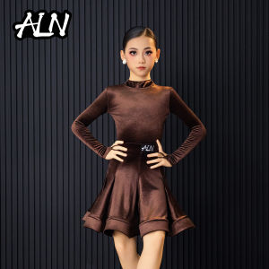 Elite Competition Latin Dance Costume for Girls Velvet Performance Uniform Half High Collar A-Line Skirt Removable Chest Pad