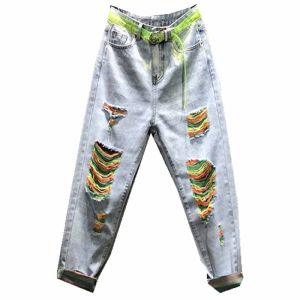 Colorful Rainbow Hole Denim Jeans Womens High Waist Loose Straight Cut Harem Ankle-Length Pants Summer Thin Denim Fabric