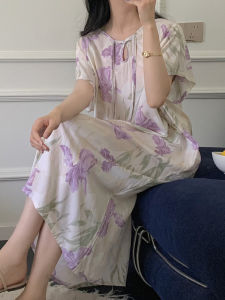 New Chinese Style National Style Artificial Cotton Nightdress Womens Summer Improved Cheongsam Pajamas Younger Pattern Print Bourette Dress Can Be Outerwear Dress