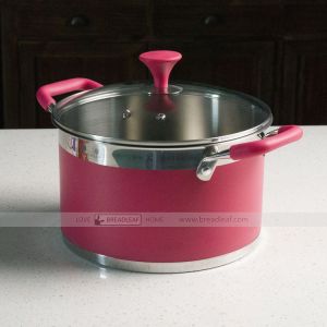 หม้อตุ๋นนึ่งสเตนเลส 304 สีแดง ขนาด 24 ซม แบบสองชั้นพร้อมหูจับ