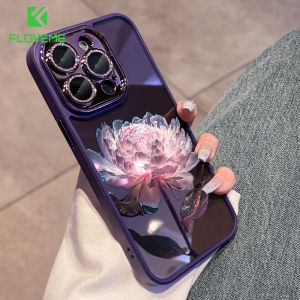FLOVEME Anti-yellowing Bling Lotus Painted Clear Phone Case For iPhone 15 14 13 12 11 Pro Max 15 14 Plus With Diamond Lens Protection Transparent Acrylic Hard Shockproof Back Cover For iphone 15 14 13 12 11