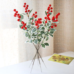 5Pcs 45cm Long Christmas Red Berry Articifial Flower Holly Leaves Branch Christmas Tree Decor Ornament Xmas Gift Packaging Home DIY Wreath