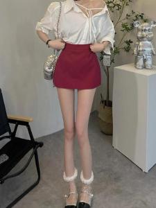 กระโปรงสั้นทรงเอเอวสูงสีแดงสำหรับผู้หญิงไซส์ใหญ่ ฤดูใบไม้ผลิและฤดูใบไม้ร่วง ดีไซน์สไตล์เกาหลี เหมาะสำหรับอายุ 18-24 ปี