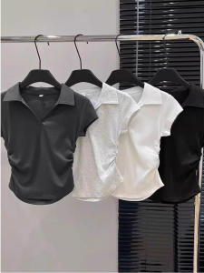 Áo Thun Tay Ngắn Cổ Polo Phong Cách Mỹ Dành Cho Nữ Mùa Hè Cỡ Lớn Thắt Eo Thon Gọn Xếp Ly Không Đều Áo Thun Cotton