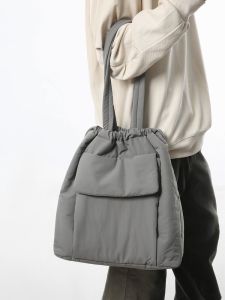 Minimalist Pure Color Drawstring Bag Cotton-Padded Fitness Yoga Tote Bag Idle Style College Student Class Commute Leisure Shoulder Bag