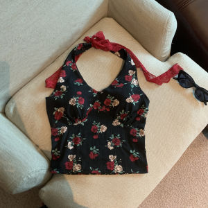 GUZILIAN | French Blue Floral Print Halter Vest Women Summer Design Unique Base Layer Outdoor Short Spicy Girl Top Korean Style Slim Fit