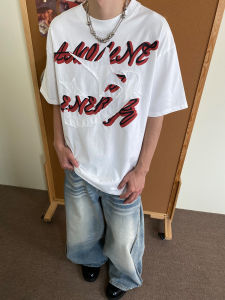 เสื้อยืดผู้ชายสไตล์อเมริกันย้อนยุค ABCBUFUT ทรงหลวมพิมพ์ลายแฟชั่นสตรีทสไตล์วินเทจ คอกลมแขนสั้น