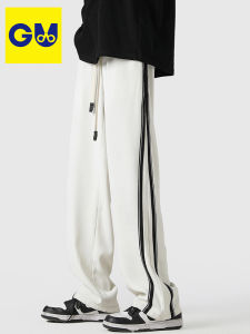 กางเกงลำลองชายผ้าไหมน้ำแข็งลายทางทรงตรงฤดูร้อน กางเกงขายาวทรงหลวมเอวกลาง กางเกงขายาวทรงหลวมสำหรับเยาวชน