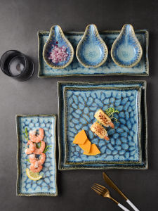 Japanese-Style Relief Rectangular Sushi Plate European-Style Retro Kiln Baked Square Steak Plate Snack Plate Household Dinner Plate Plate Dish