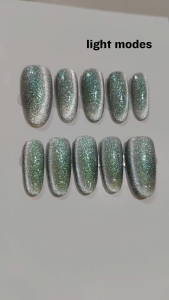 Green sliver sparkling bling bling cateye colour Oval shape artificial fake press on nail color