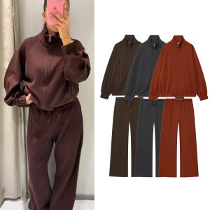 ชุดกางเกงหนาสำหรับผู้หญิงฤดูใบไม้ร่วงฤดูหนาว เสื้อแขนยาวแบบมีซิปเนื้อนุ่มหรือกางเกงทรงตรงสไตล์ลำลองแฟชั่นสปอร์ต