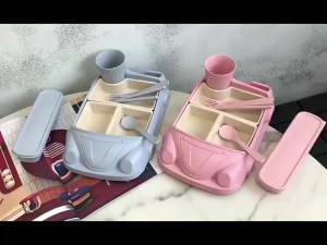 Creative Car Shaped Bamboo Fiber Baby Feeding Bowl Food Grade Cartoon Complementary Food Dish Divide Grids Bento Lunch Box Sets