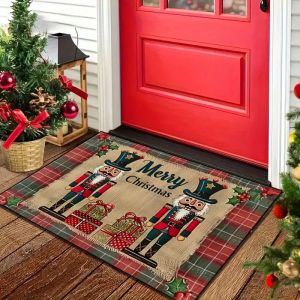 VIKAMA Christmas Door Mat Nutcracker Soldiers Rustic Plaid 2027 Xmas Front Welcome Mat Rug Non Slip Happy New Year Home Decor