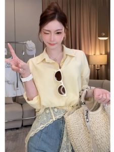 BINKAFENNY | Yellow Lace Shoulder Wrap Long Sleeve Collared Shirt Womens Fashion Design Autumn New Style Versatile Elegant Top