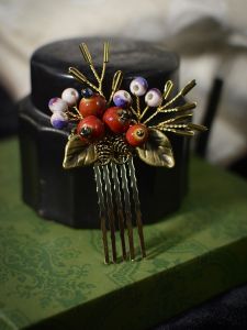 เครื่องประดับผมทรงจีนโบราณแบบใหม่ ชุดกี่เพ้า หวีผมเซรามิกสีแดงสำหรับใส่ในงานปีใหม่ วัสดุไม้ ทรงเรขาคณิต ขนาดเล็ก