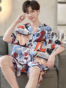 ชุดนอนผ้าไหมน้ำแข็งแขนสั้นบางสำหรับผู้ชาย ฤดูร้อน 2025 ชุดนอนลายการ์ตูนสำหรับเยาวชนและเด็กโต ชุดอยู่บ้าน
