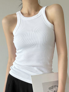 เสื้อกล้ามรูปตัวยูถักคล้องคอสีขาวสาวแซ่บสไตล์ยุโรปอเมริกาเสื้อตัวในแขนกุดใส่ด้านนอกเข้ารูปเซ็กซี่ใส่ด้านในใส่ช่วงฤดูร้อนสำหรับผู้หญิง