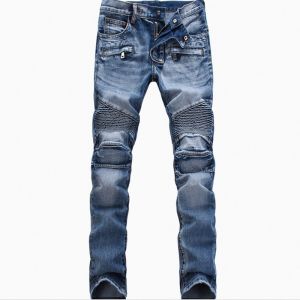 Fashionable High Street Motorcycle Pleated Denim Pants Elastic Biker Jeans with Pocket Zipper Slim Fit Cuffed Long Trousers