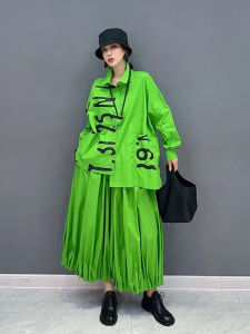 XITAO Pleated Pants Sets Irregular Shirt Letter Print Turn-down Collar Two Pieces Sets HQQ1909