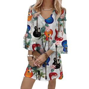 ชุดเดรสเครื่องเล่นดนตรีกีต้าร์พิมพ์ลาย3D สำหรับผู้หญิงกระโปรงพราหมณ์ลายดอกไม้เสื้อผ้า Y2K สไตล์เขตร้อน