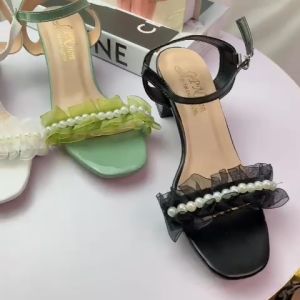 Giày cao gót vuông 5p quai ngang phối dún ren kết hạt châu cực xinh - SD08