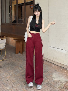 Red Straight Leg Casual Pants Womens Workwear Trousers American Style Slimming High Waist Long Cotton Street Style