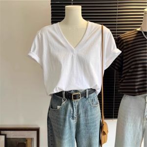 Summer Commute White V-Neck Short Sleeve Womens T-Shirt Loose Large Size Pure Cotton Fashionable Shoulder-Length Heart Neck Top