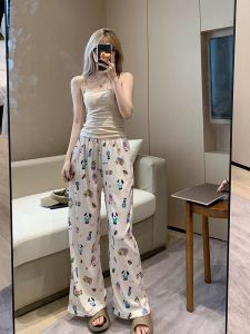 Ice Silk Wide Leg Pants Womens Summer Thin Print Casual Pants Home Sleepwear Loose Fit Trousers Comfortable Straight Cut
