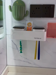 2 Way Wall Mounted Countertop Multifunctional Toothbrush Toothpaste Holder with 2pcs Cup Bathroom Organizer