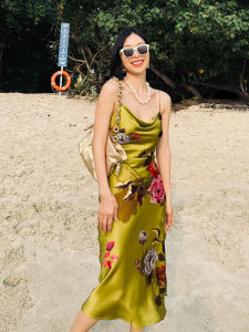 Daily Romance Silk Satin Draped A-Line Dress French Style High Waist Long Skirt without Sleeve Summer Season Hidden Meat