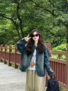 Retro Distressed Denim Jacket Womens Spring Autumn Loose Casual Design Unique Style Button up Long Sleeve Coat for Ladies