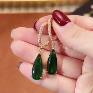 Huitan Pear Green CZ Drop Earrings for Women Temperament Gold Color Ear Hanging Earrings Office Ladys Luxury Trendy Jewelry