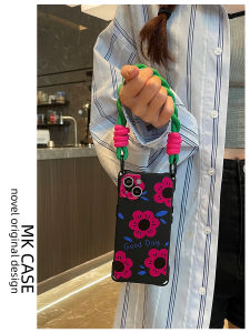 High-End Red And Black  17Promax Phone Case with Lanyard Handheld Huawei Mate60Pro Four Corner Hole Flower Full Cover Anti-Fall Womens Style