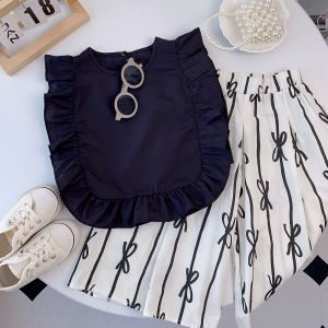 Bear Leader Girls Clothing Suits 2024 New Childrens Fried Street Doll Sleeveless T-shirt and Wide Leg Pants Capris Two-piece Sets Outfits for Kids Clothes