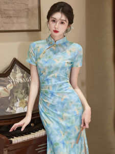YIJIAHONG | Summer Elegant Fitted Long Chinese Dress Blue