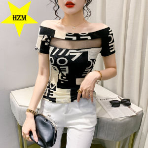 HZM Korean version of 2023 summer hollowed out everything fashion T-shirt new line neck short sleeve womens top