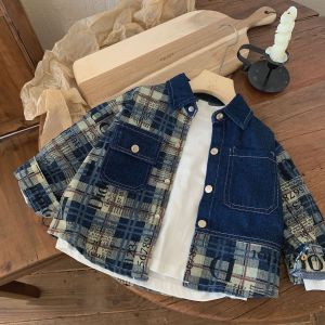 Spring Autumn Childrens Denim Shirt 2025 Spring Style Boys Korean Plaid Patchwork Jacket Babys Autumn Outerwear Coat