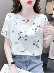 Summer Womens Cotton T-Shirt Short Sleeve Print Design Half Sleeve Trendy White Top Korean Style Loose Fit round Neck