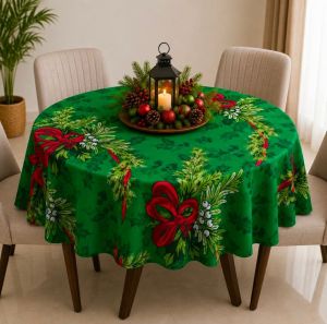 Christmas Season Round Washable Tablecloth for 4/6/8 Seater with Poinsettia Design