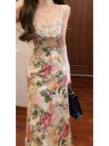 CHANGTONG | Retro Unique Beautiful Knitted Open Cardigan Oil Painting Print Dress Two-Piece Set Gentle Style Summer Season Long Sleeve Dress