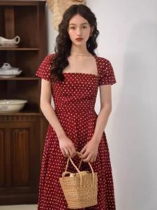 French Vintage Polka Dot Dress High Waist Slimming Hepburn Style A-Line Skirt Square Collar White Enhancing Full Skirt
